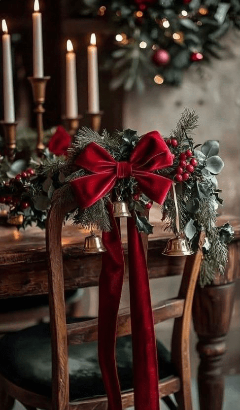 Classic Christmas greenery and velvet bow on dining chair, Kings Interiors Ltd festive design