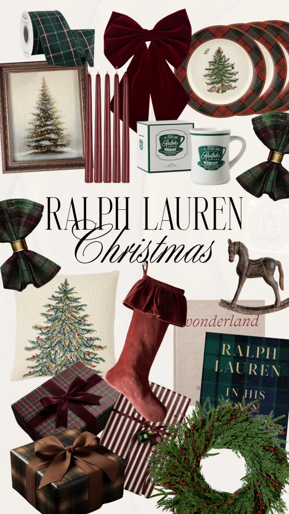 Ralph Lauren Christmas collection with plaid bows, greenery and candles