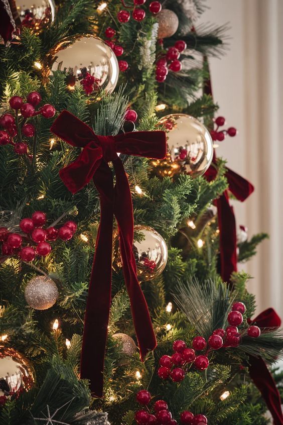 Christmas tree decorated with red velvet bows and gold ornaments