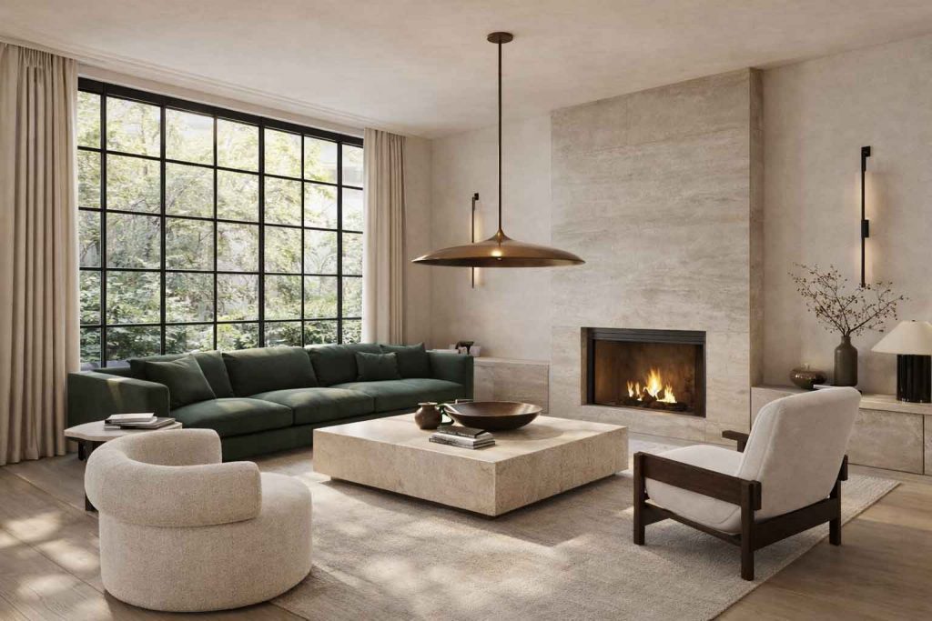 High-end contemporary living room with deep green sectional sofa, stone fireplace, sculptural marble coffee table, brass pendant lighting, and large grid windows in a luxury residence.