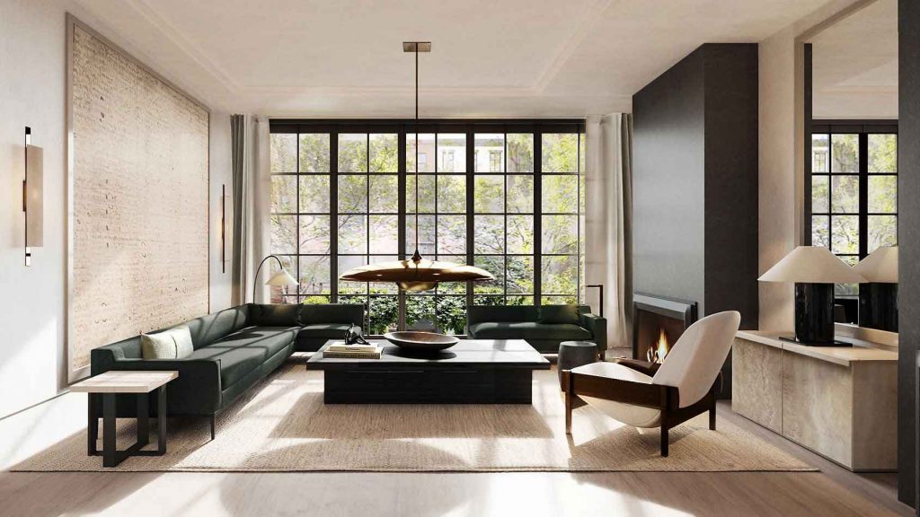 Luxury modern living room interior design featuring floor-to-ceiling grid windows, deep green sectional sofa, minimalist fireplace, designer pendant lighting, and bespoke contemporary furnishings in a high-end urban residence.