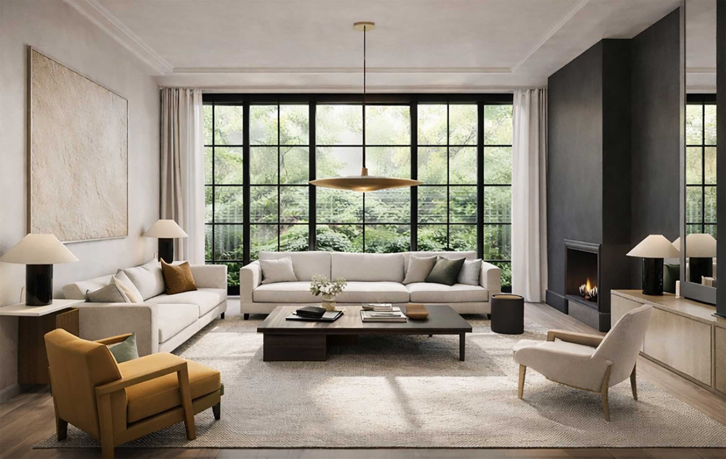 Spacious modern living room with neutral sofas, a black-framed floor-to-ceiling grid window overlooking greenery, a low dark wood coffee table, a mustard accent chair, soft area rug, sculptural pendant light, and a sleek fireplace set into a dark feature wall.