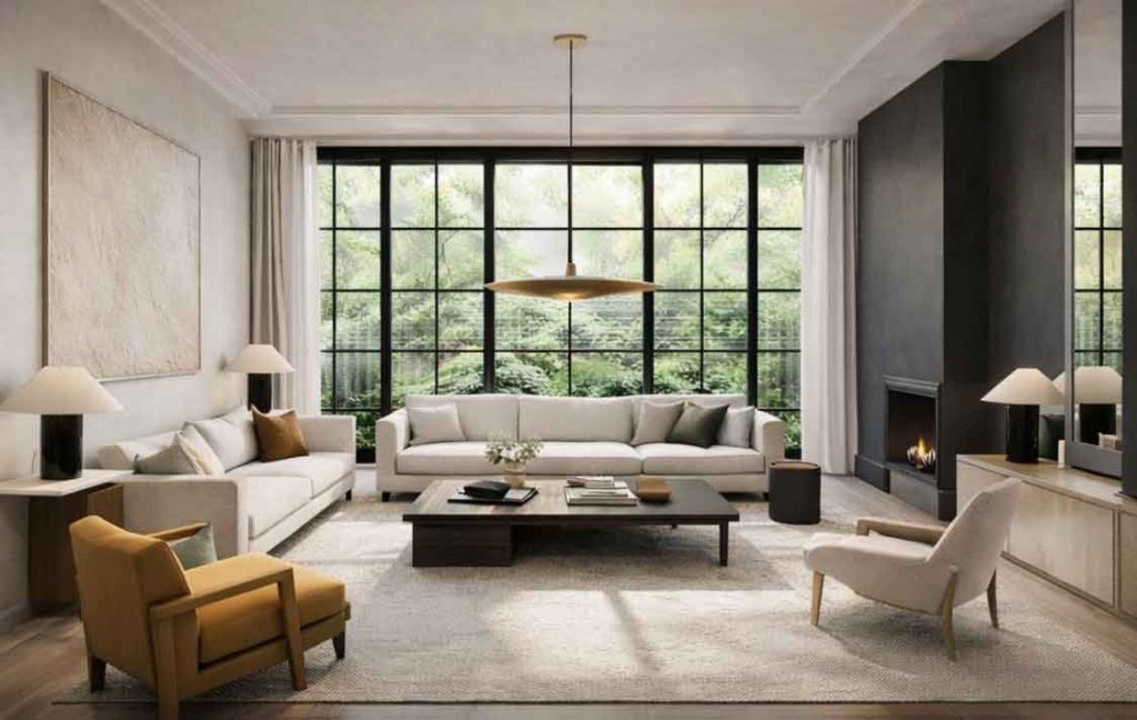 Spacious modern living room with neutral sofas, a black-framed floor-to-ceiling grid window overlooking greenery, a low dark wood coffee table, a mustard accent chair, soft area rug, sculptural pendant light, and a sleek fireplace set into a dark feature wall.