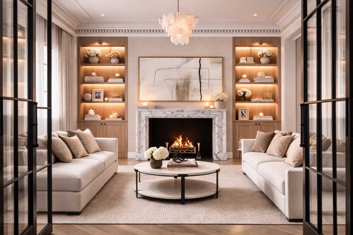 Luxury living room interior design for a new build or full home renovation in Berkshire featuring bespoke shelving and marble fireplace