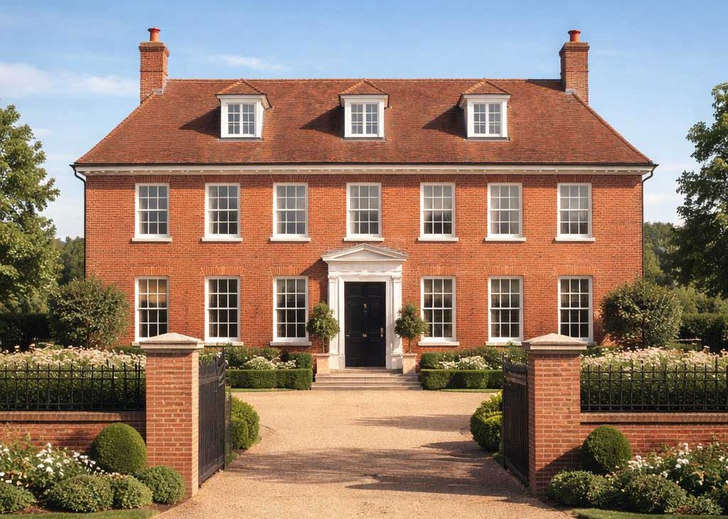 New build Georgian style country house with traditional red brick facade, symmetrical windows, pitched roof and formal garden approach.