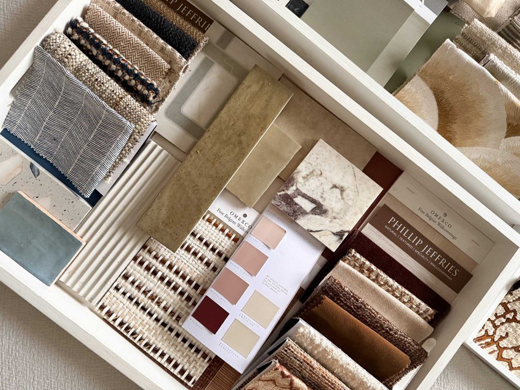 Bespoke interior sample box luxury fabrics marble wood finishes