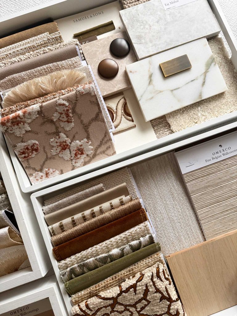 Designer fabric swatch board neutral palette bespoke interiors