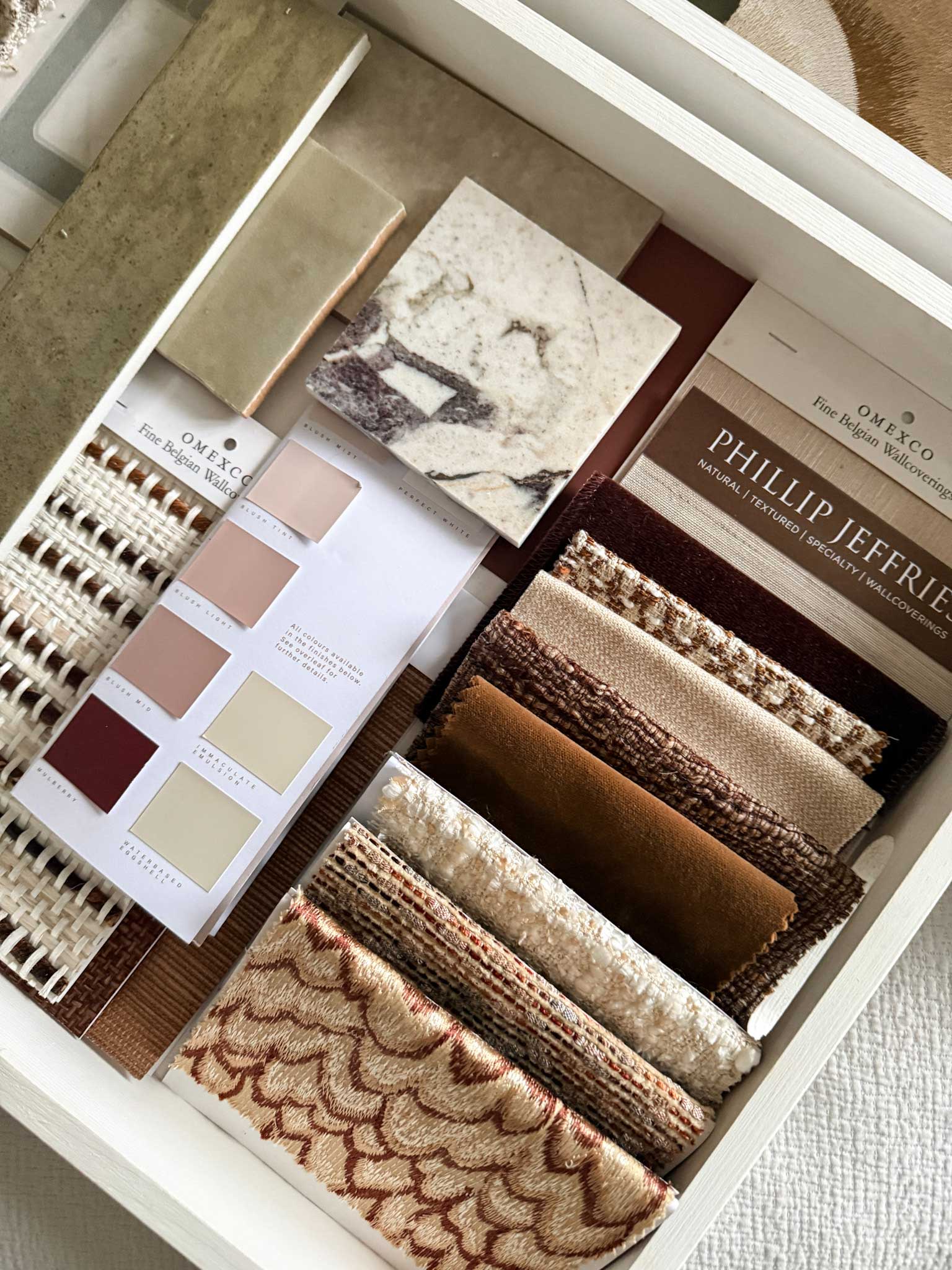 High end interior material board blue accent velvet texture