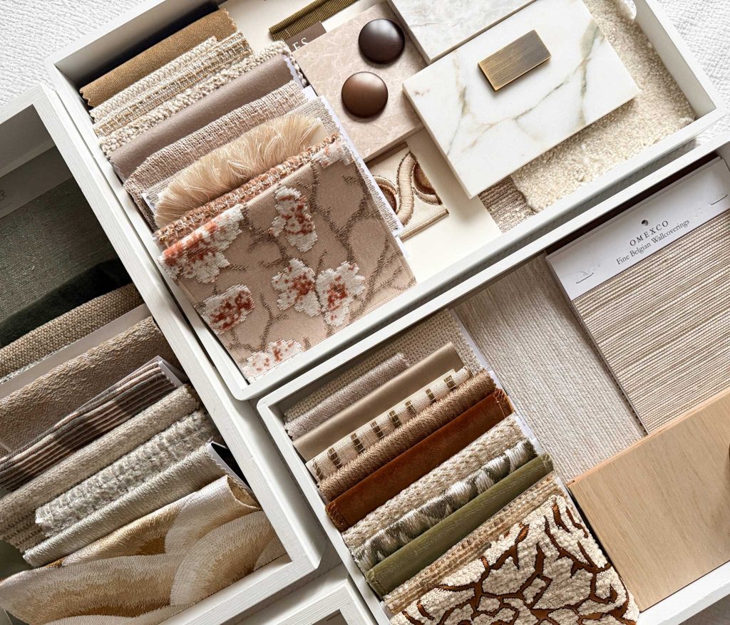 High end interior material flatlay neutral earthy textures