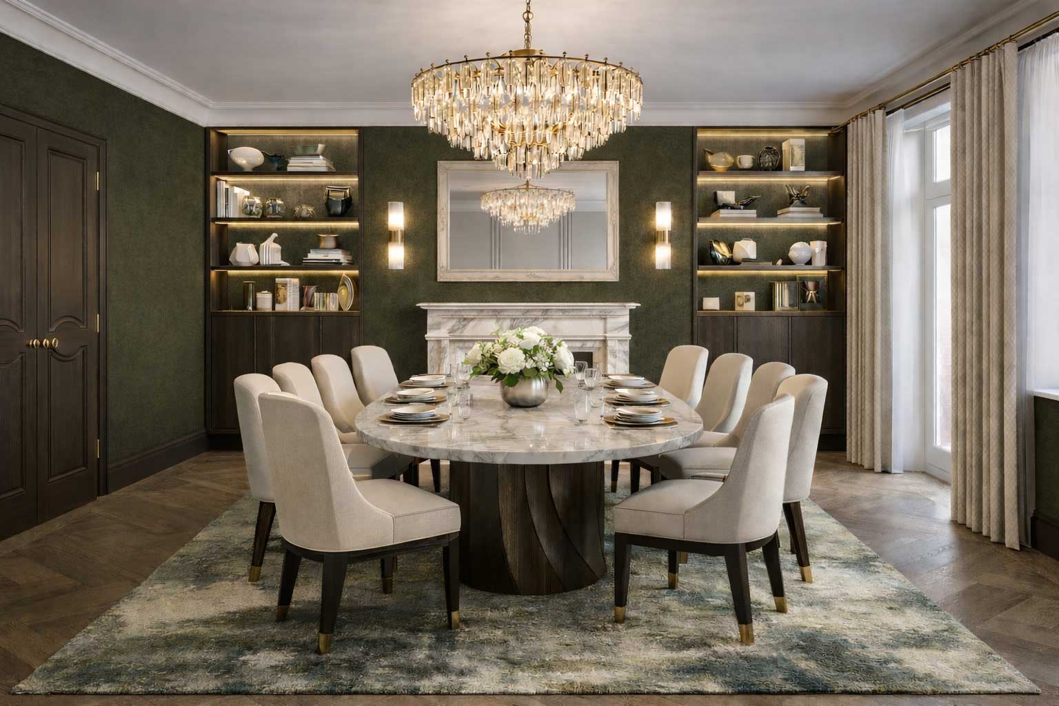 Photorealistic luxury dining room CGI render featuring an oval marble dining table, neutral upholstered chairs, dark olive green textured walls, marble fireplace with mirror, crystal chandelier and bespoke illuminated joinery.