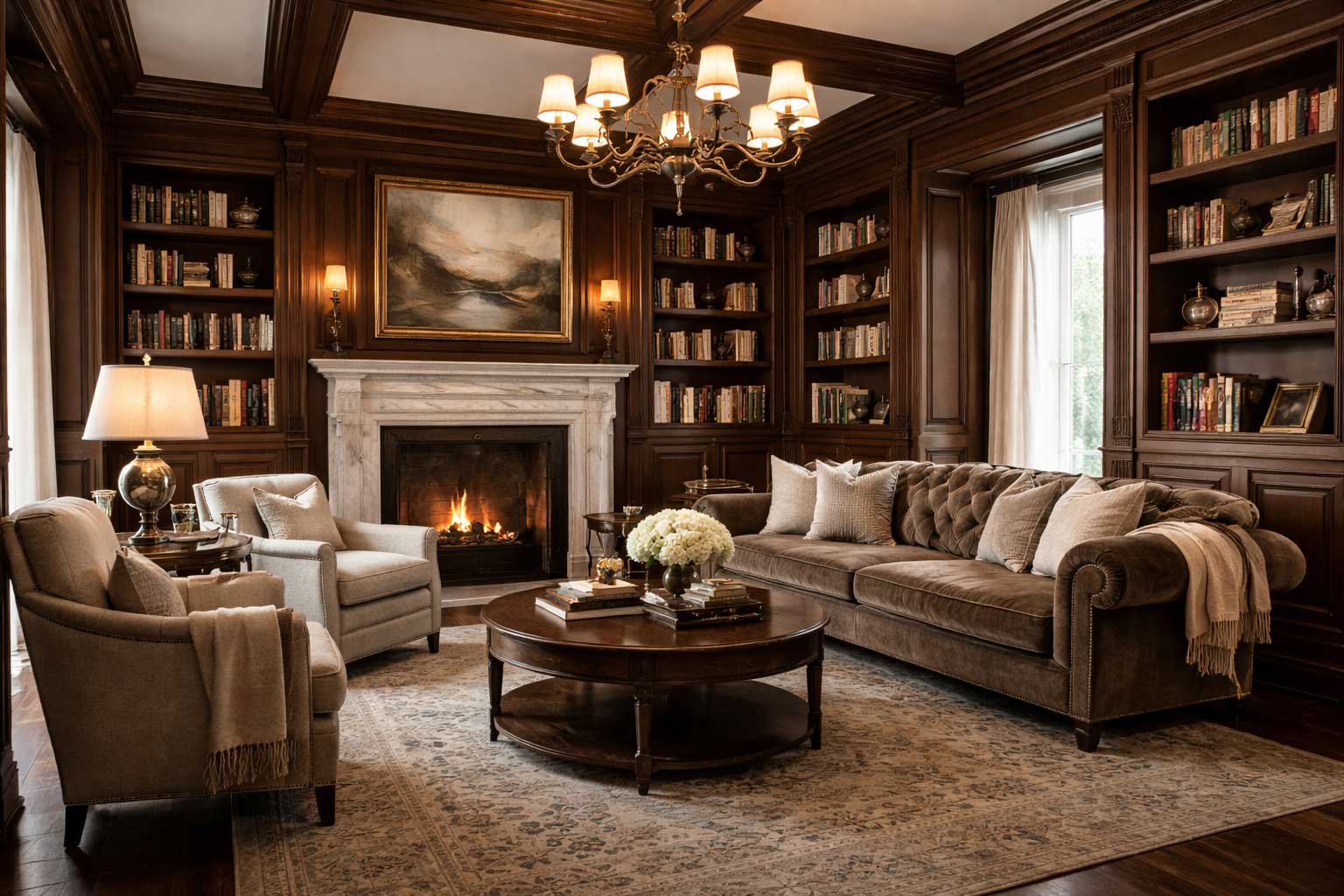 Luxury home library with dark wood paneling, built-in bookshelves, marble fireplace, chandelier lighting, and comfortable seating in a classic study interior.