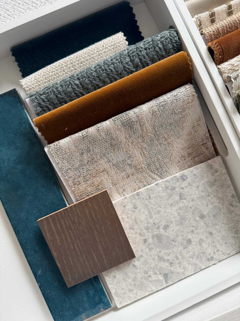 Luxury interior material board velvet wood stone neutral palette