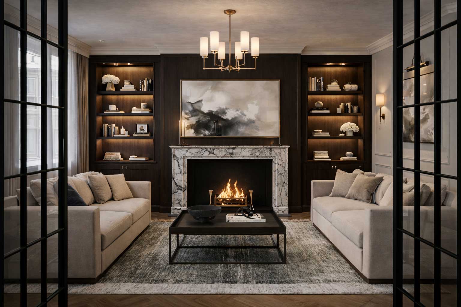 Edwardian house interior design in London featuring elegant living room styling and bespoke cabinetry.