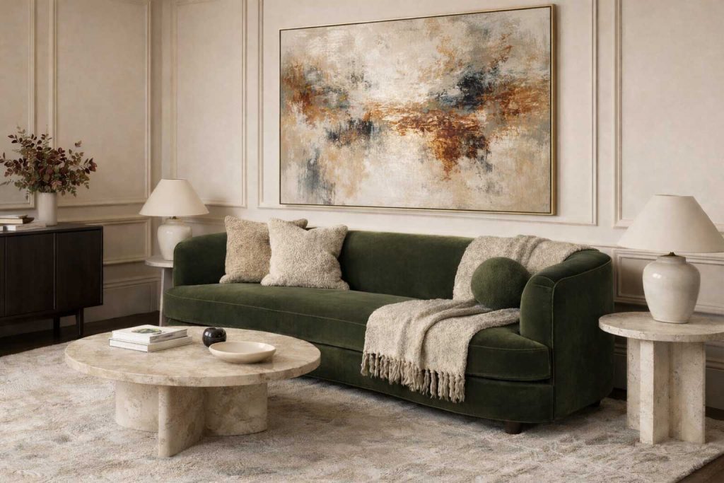 High-end living room featuring a dark moss green velvet curved sofa, round marble coffee table, and large abstract artwork in a refined neutral interior.