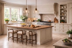 Luxury period property kitchen featuring cream shaker cabinets, marble worktops, brass hardware, and a large island with upholstered bar stools.