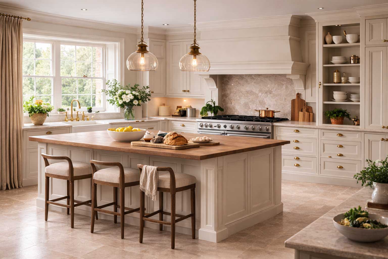 Luxury period property kitchen featuring cream shaker cabinets, marble worktops, brass hardware, and a large island with upholstered bar stools.