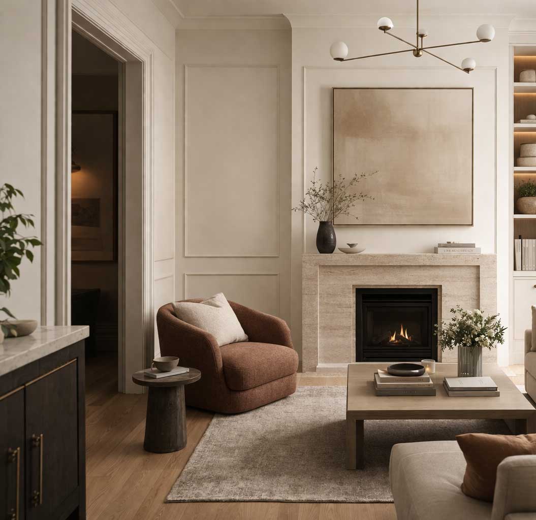 Modern minimalist lounge with warm accents