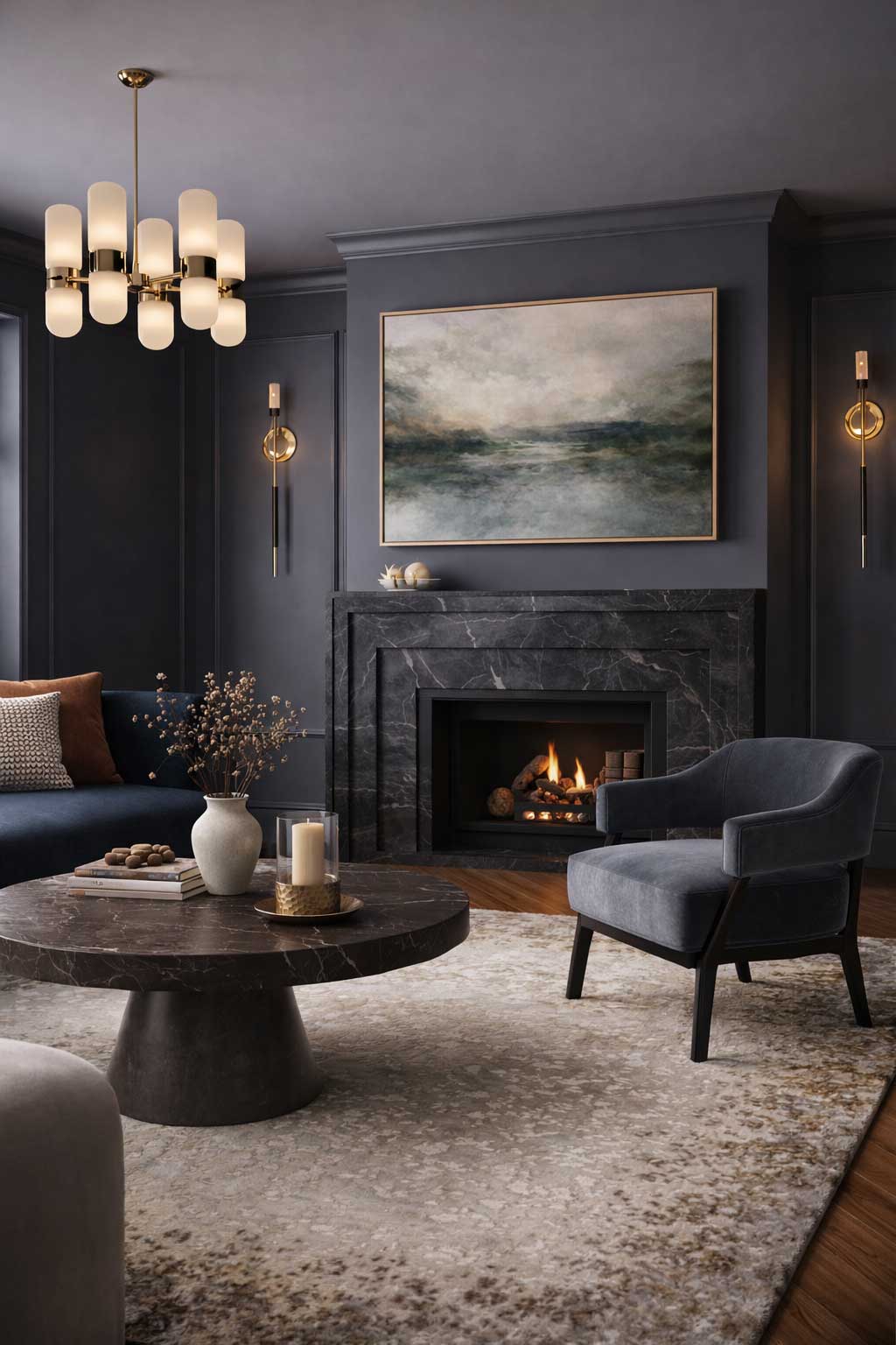 Luxury dark-toned living room with marble fireplace, bespoke wall panelling, ambient lighting, and curated artwork in Berkshire