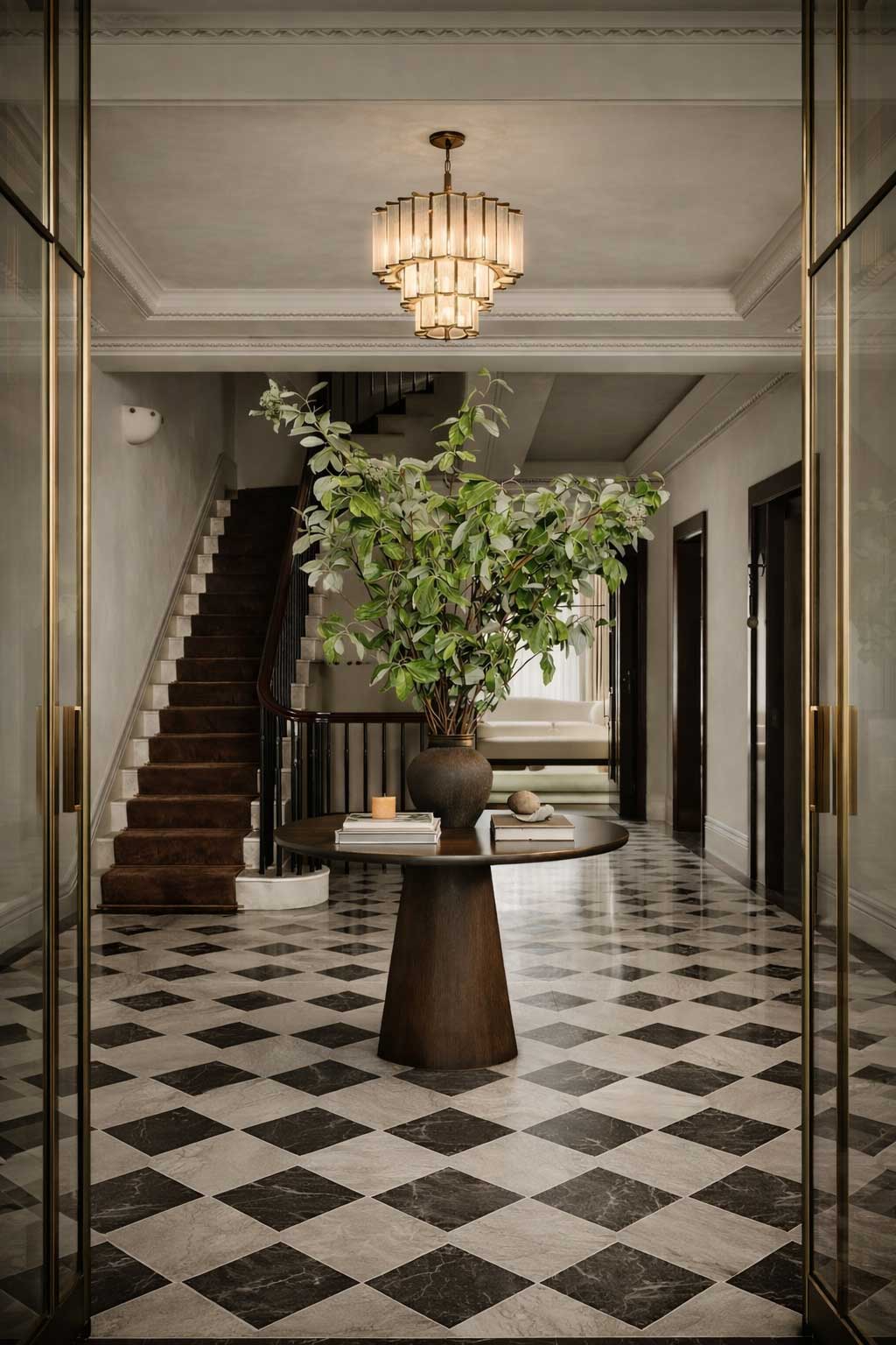 Luxury entryway checkerboard marble floor curved staircase cgi
