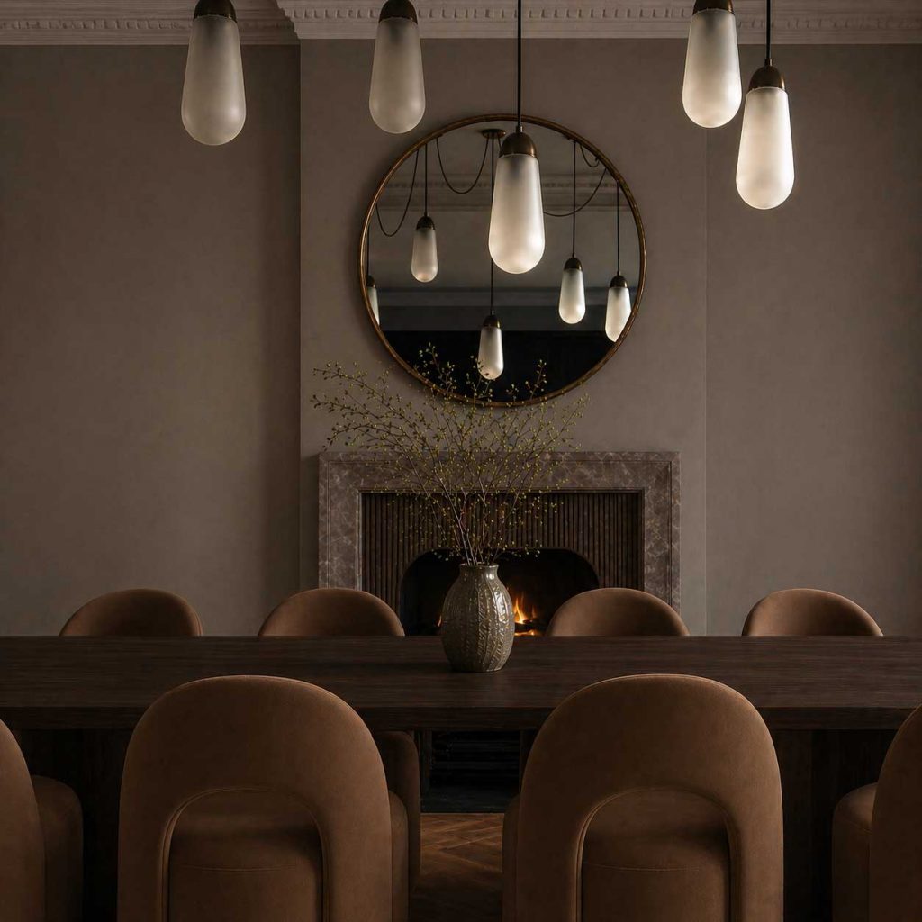 Contemporary dining room interior by Kings Interiors with marble fireplace and dark wood table