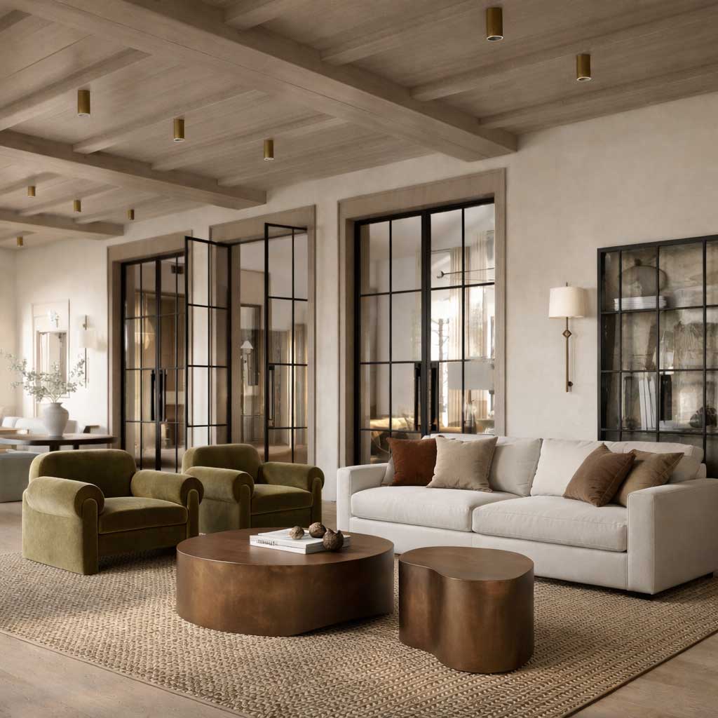 Contemporary living room with cream sofa, olive armchairs, bronze sculptural coffee tables, and warm wood ceiling