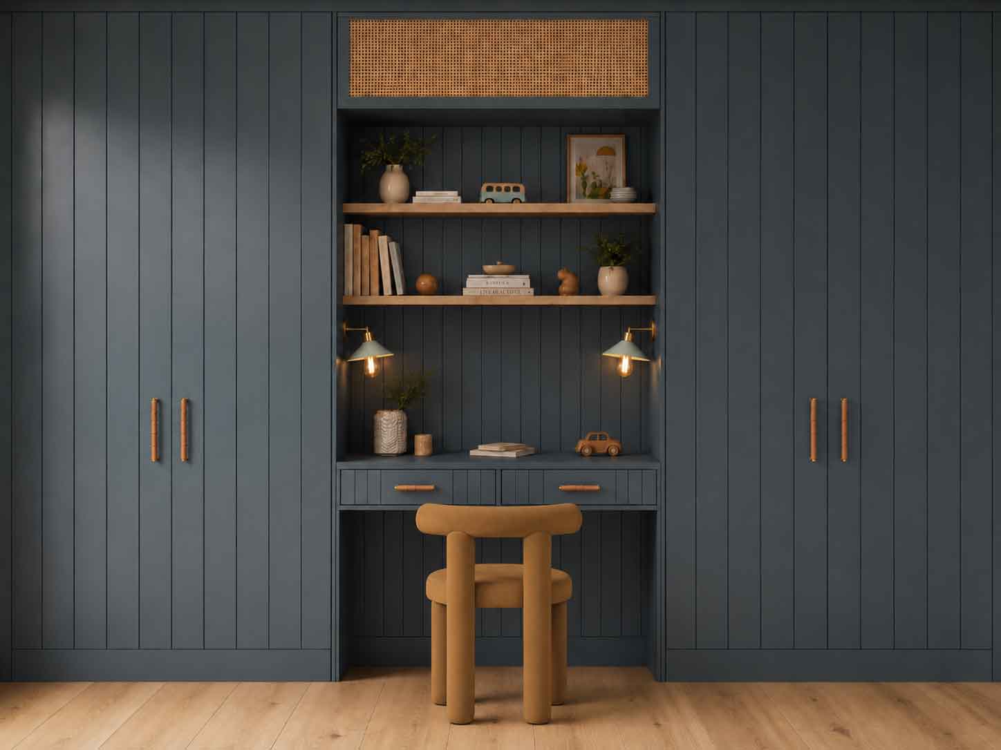 Bespoke dark blue fitted cabinetry and study desk in a luxury children’s bedroom in Poland