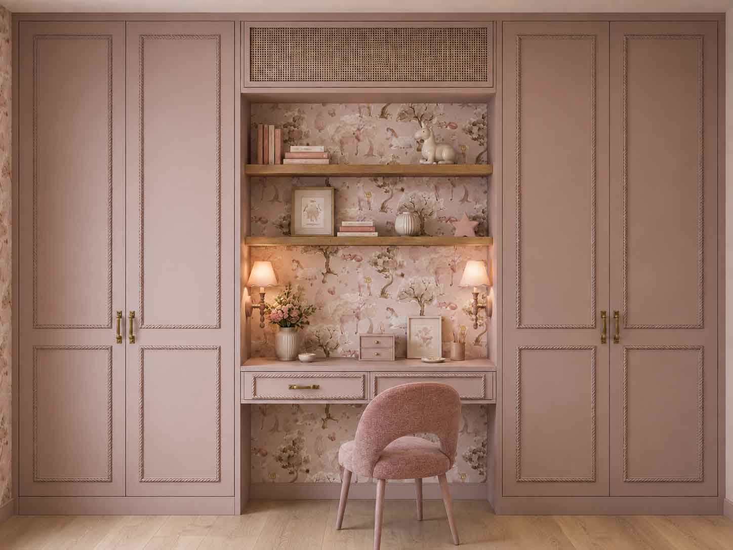 Bespoke pink fitted cabinetry and study area in a luxury children’s bedroom in Poland.