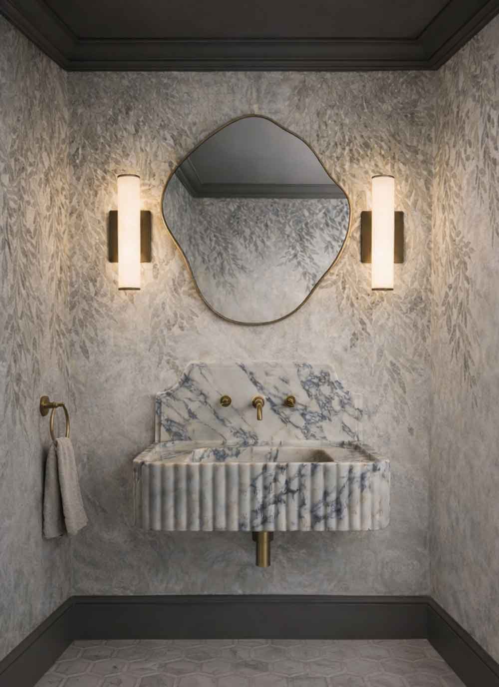 Cloakroom design featuring a sculptural marble basin