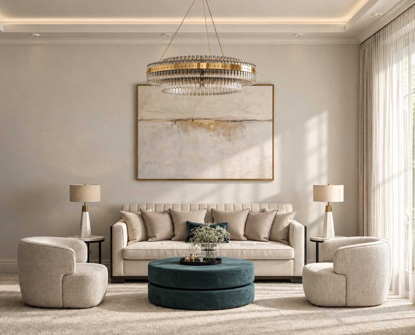 CGI visualisation of the Kingswood living-room concept, with cream seating, a teal ottoman and a statement chandelier.
