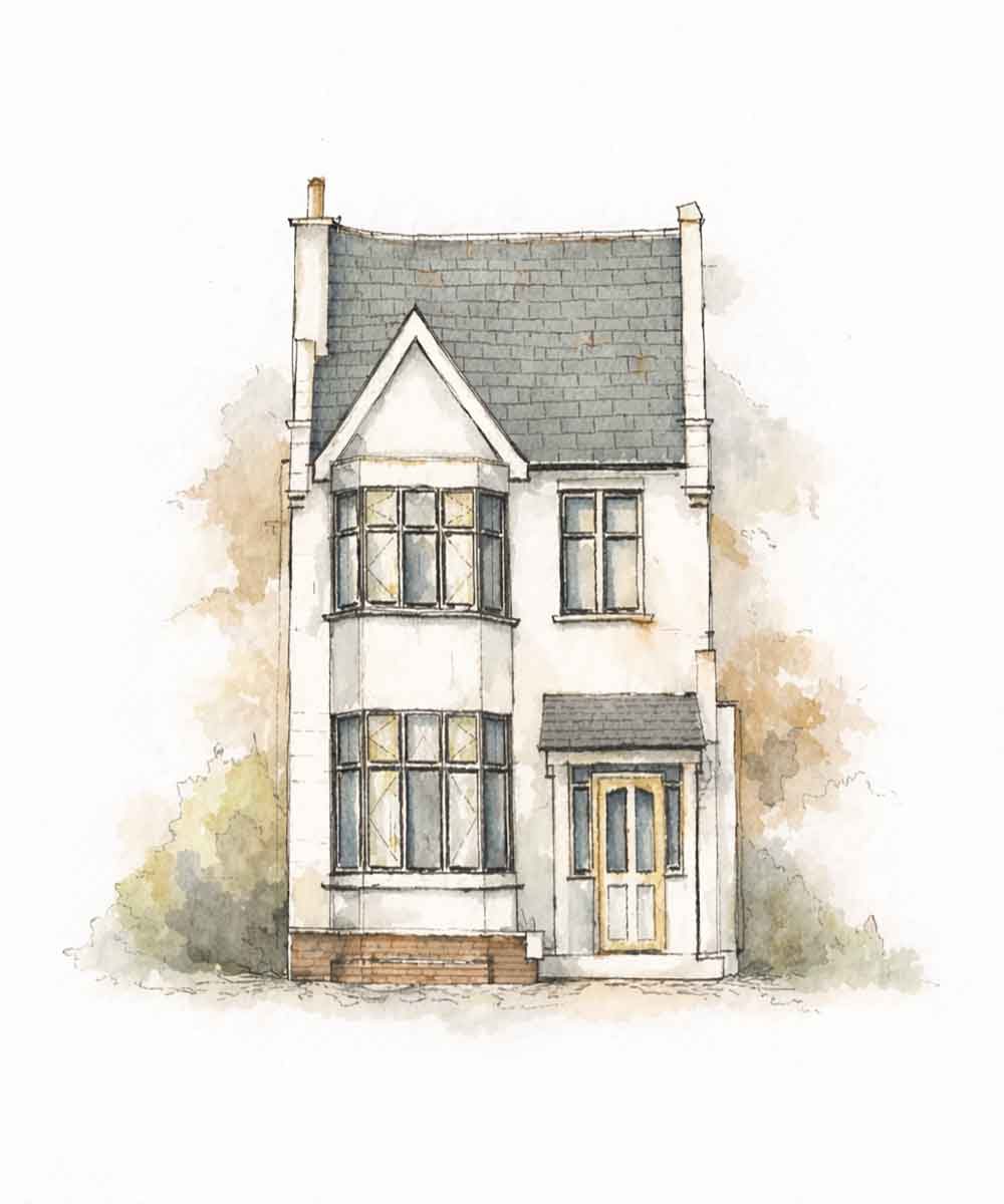 Watercolour architectural drawing of a full house renovation in Wimbledon, showing refurbished Edwardian façade, bay window restoration, roof replacement, and exterior redesign.