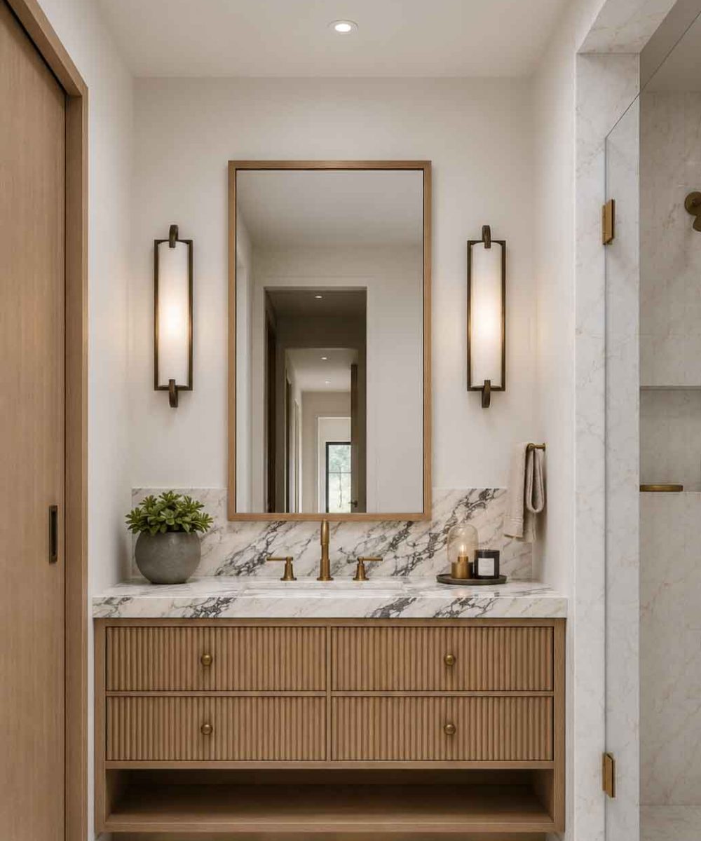 Warm modern bathroom with fluted wood vanity, marble countertop and backsplash, brass fixtures, framed mirror, and glass shower.