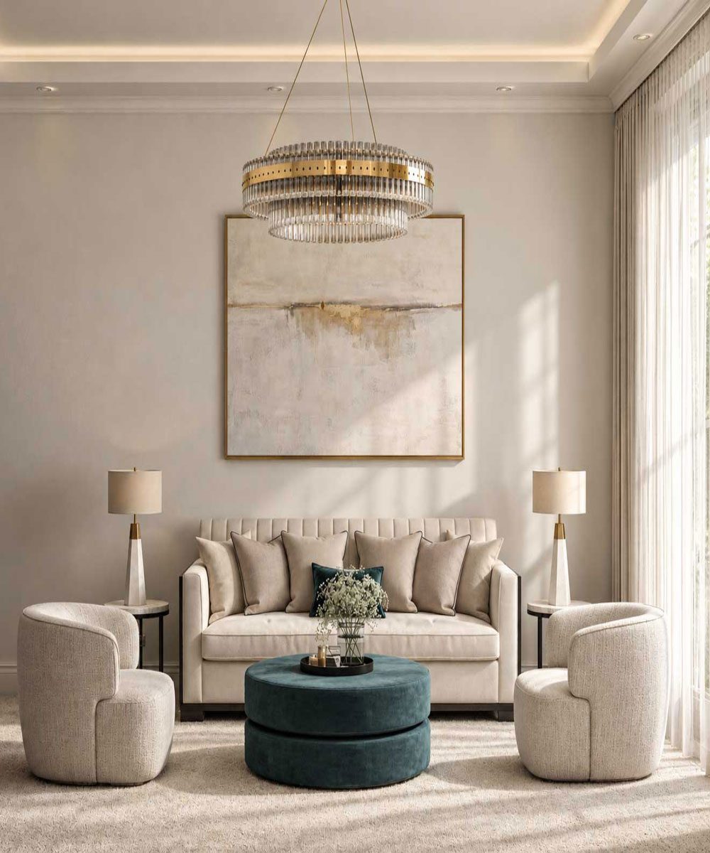 Luxury living room interior with cream seating, teal ottoman and statement chandelier in Kingswood, Surrey